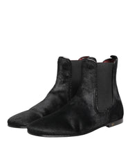 Dolce & Gabbana Black Leather Fur Men CHELSEA Boots Shoes