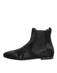 Dolce & Gabbana Black Leather Fur Men CHELSEA Boots Shoes
