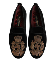 Dolce & Gabbana Black Velvet Gold Crown Mens Loafers Shoes