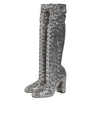 Dolce & Gabbana Silver Sequins Glitter High Heel Boot Shoes