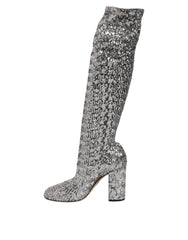 Dolce & Gabbana Silver Sequins Glitter High Heel Boot Shoes