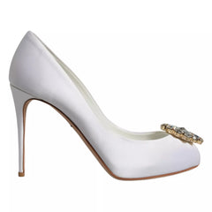 Dolce & Gabbana White Crystals Peep Toe Satin Pumps Shoes