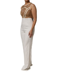 Mangano White Beige Mesh Crystal Embellished Sleeveless Jumpsuit