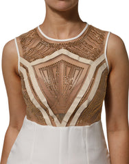 Mangano White Beige Mesh Crystal Embellished Sleeveless Jumpsuit