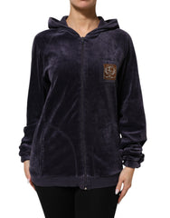 Cavalli Class Purple Cotton Blend Velvet Zip-Up Hoodie Sweatshirt Sweater
