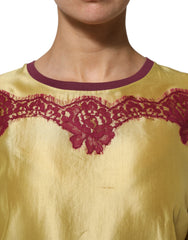 Dolce & Gabbana Yellow Silk Satin Floral Lace Short Sleeves Top