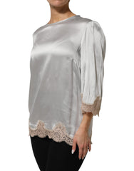 Dolce & Gabbana Gray Silk Satin Floral Lace Long Sleeve Top