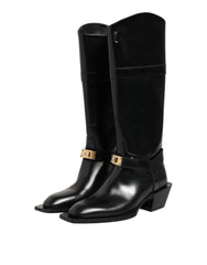 Dolce & Gabbana Black Logo Plaque Over The Calf Boots Shoes