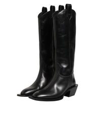 Dolce & Gabbana Black Leather Over The Calf Biker Boots Shoes