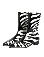 Dolce & Gabbana Black White Zebra Leather Mid Calf Boots Shoes