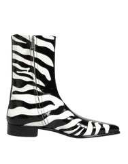 Dolce & Gabbana Black White Zebra Leather Mid Calf Boots Shoes