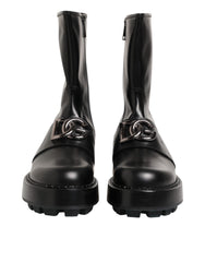 Dolce & Gabbana Black Logo Plaque Mid Calf Biker Boots Shoes