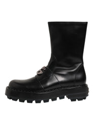 Dolce & Gabbana Black Logo Plaque Mid Calf Biker Boots Shoes