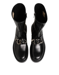 Dolce & Gabbana Black Logo Plaque Mid Calf Biker Boots Shoes