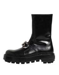 Dolce & Gabbana Black Logo Plaque Mid Calf Biker Boots Shoes