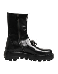Dolce & Gabbana Black Logo Plaque Mid Calf Biker Boots Shoes