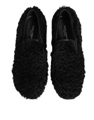 Dolce & Gabbana Dress Black Fur Leather Slippers Men Shoes