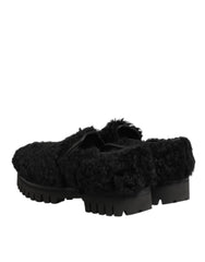 Dolce & Gabbana Dress Black Fur Leather Slippers Men Shoes