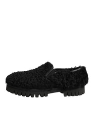 Dolce & Gabbana Dress Black Fur Leather Slippers Men Shoes