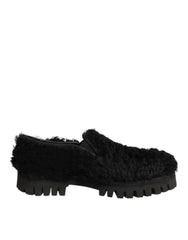 Dolce & Gabbana Dress Black Fur Leather Slippers Men Shoes