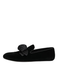 Dolce & Gabbana Black Suede Cotton Rose Slip On Loafers Shoes