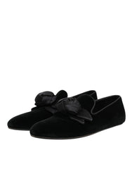 Dolce & Gabbana Black Suede Cotton Rose Slip On Loafers Shoes