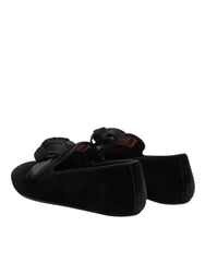 Dolce & Gabbana Black Suede Cotton Rose Slip On Loafers Shoes