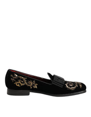 Dolce & Gabbana Black Velvet Embroidery Formal Loafers Shoes