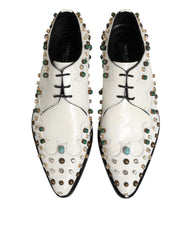 Dolce & Gabbana White Leather Crystals Embellished Derby Shoes