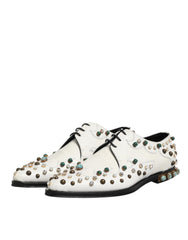 Dolce & Gabbana White Leather Crystals Embellished Derby Shoes