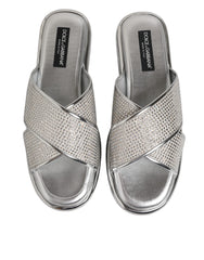 Dolce & Gabbana Silver Strass Slides Flats Slippers Shoes