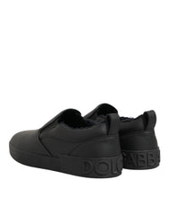 Dolce & Gabbana Black Leather Low Top Slip On Sneakers Shoes