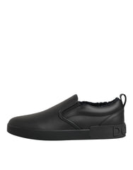 Dolce & Gabbana Black Leather Low Top Slip On Sneakers Shoes