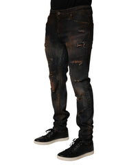 Dolce & Gabbana Black Cotton Skinny Tattered Men Denim Jeans