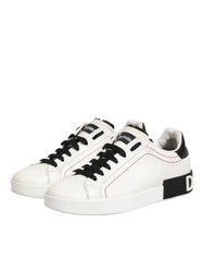 Dolce & Gabbana White Black Leather Low Top Sneaker Shoes