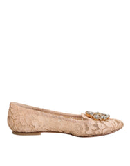 Dolce & Gabbana Beige Taormina Lace Crystals Flats Shoes