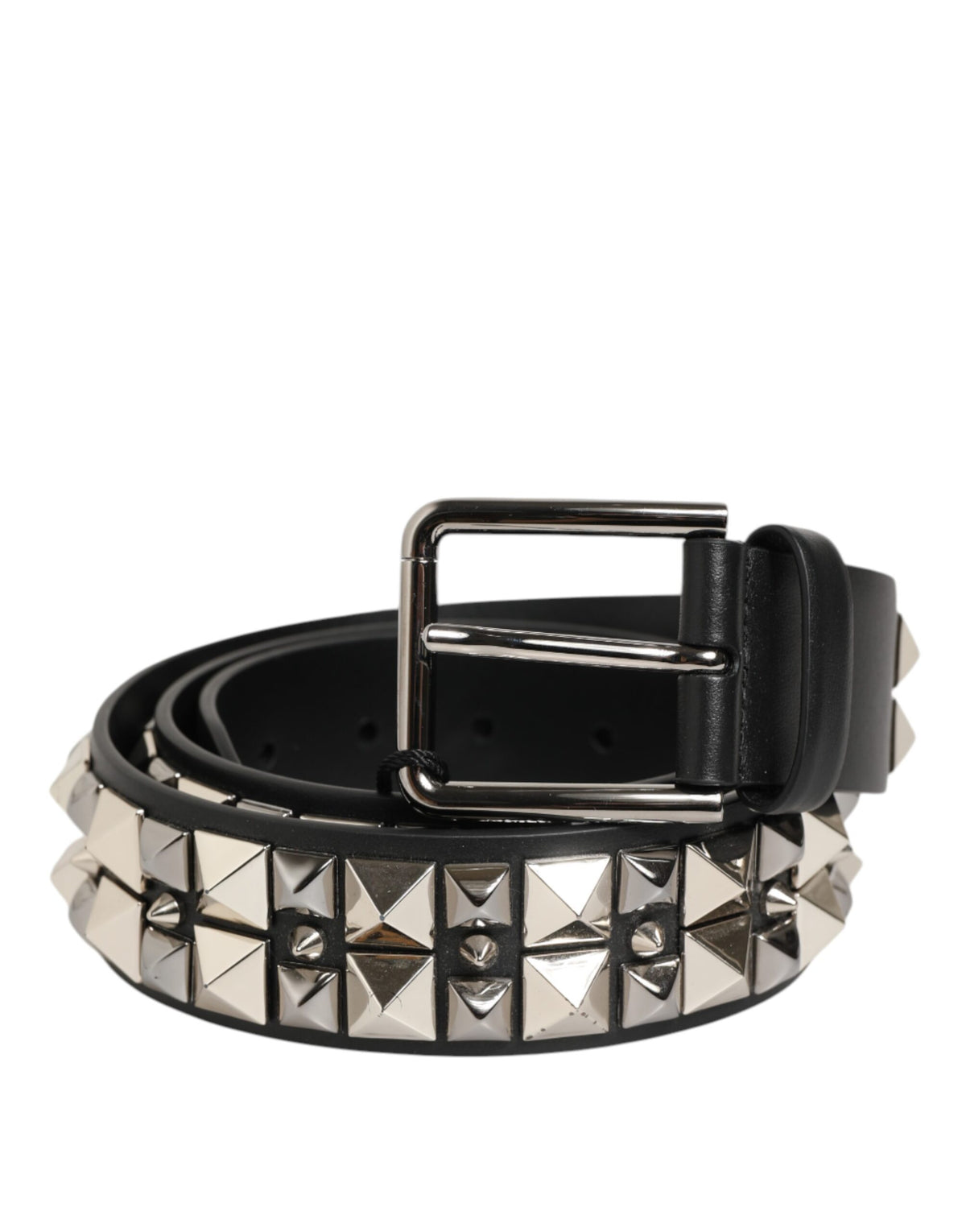 Dolce & Gabbana Black Calf Leather Studded Silver Buckle Belt