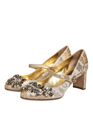 Dolce & Gabbana Gold Jacquard Crystal Mary Janes Pumps Shoes