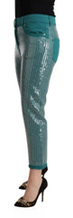 Blumarine Cadet Blue Sequined Low Waist Cropped Trouser Pants