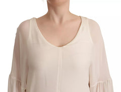 Patrizia Pepe Off White Silk Long Sleeves Deep Vneck Top