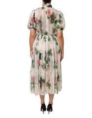 Dolce & Gabbana White Floral Print Silk Pleated Midi Dress