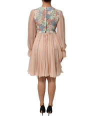 Dolce & Gabbana Pink Floral Embroidery Pleated A-line Dress