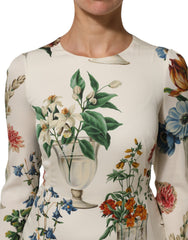 Dolce & Gabbana White Flower Vase Silk Sheath Midi Dress