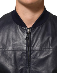 Dolce & Gabbana Blue Leather Full Zip Biker Blouson Jacket