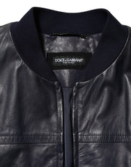 Dolce & Gabbana Blue Leather Full Zip Biker Blouson Jacket