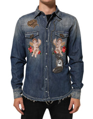 Dolce & Gabbana Blue Angel Patch Denim Buttoned Down Men Shirt