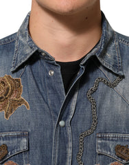 Dolce & Gabbana Blue Angel Patch Denim Buttoned Down Men Shirt