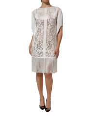 Dolce & Gabbana White Floral Lace Fringe Knee Length Dress