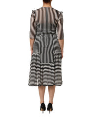 Dolce & Gabbana Black White Stripes Silk V-neck Midi Dress