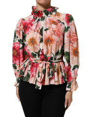 Dolce & Gabbana Pink Floral Printed Silk Ruffled Blouse Top